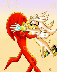 Size: 1024x1280 | Tagged: safe, artist:randomcitizen12, knuckles the echidna, silver the hedgehog, echidna, hedgehog, bubbles, duo, gay, hugging, knuxilver, male, males only, shipping, smile, tears