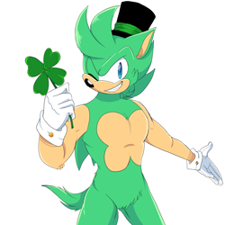 Size: 3000x3000 | Tagged: safe, artist:gingygin, irish the hedgehog, 2020, clenched teeth, four leaf clover, holding something, looking at viewer, simple background, smile, solo, standing, white background, wink