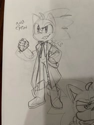 Size: 1536x2048 | Tagged: safe, artist:inspiredrawaw, sonic the hedgehog, alternate universe, au:sonic the fullspeed alchemist, clenched fist, fullmetal alchemist, greyscale, male, monochrome, pencilwork, sketch, smile, solo, solo male, standing, traditional media