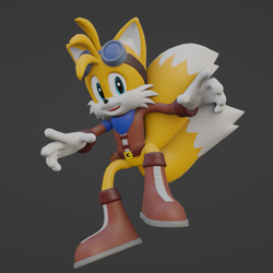 Size: 791x791 | Tagged: safe, artist:ratchetmario, artist:rocketpow, artist:rotalice2, miles "tails" prower, 3d, aviator jacket, bandana, belt, boots, goggles, goggles on head, grey background, looking at viewer, mouth open, older, simple background, smile, solo, tails adventure armada (fanproject)