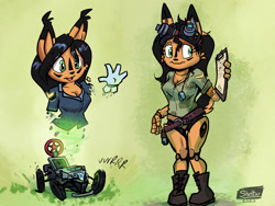 Size: 1920x1440 | Tagged: safe, artist:shieltar, nicole the handheld, nicole the hololynx, digital static, drone, goggles, red star ring, redesign, robian, roboticized, waving