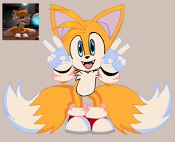 Size: 2048x1663 | Tagged: dead source, safe, artist:_princess_4011, miles "tails" prower, double v sign, grey background, looking at viewer, redraw, reference inset, shadow the hedgehog (video game), simple background, solo, v sign