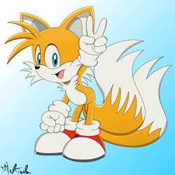 Size: 1500x1500 | Tagged: safe, artist:andtails1, miles "tails" prower, clenched fist, gradient background, looking at viewer, redraw, signature, smile, sonic advance 2, sonic x style, standing, v sign