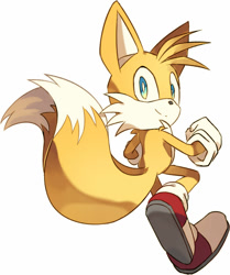 Size: 800x957 | Tagged: safe, artist:baitong9194, miles "tails" prower, clenched fist, looking back at viewer, running, simple background, smile, solo, white background