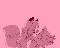 Size: 1899x1515 | Tagged: safe, artist:konicunai, miles "tails" prower, shadow the hedgehog, blushing, dancing, duo, gay, holding each other, looking at each other, monochrome, musical notes, older, pink, pink background, shadow x tails, shipping, simple background, sweatdrop