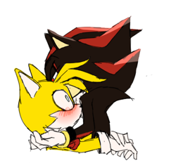 Size: 420x390 | Tagged: safe, artist:felixchaan, miles "tails" prower, shadow the hedgehog, blushing, bust, duo, frown, gay, lidded eyes, shadow x tails, shipping, shrunken pupils, simple background, sketch, standing, surprised, whispering, white background