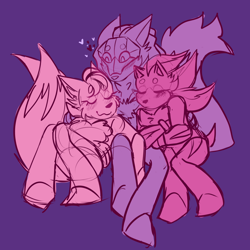 Size: 2048x2048 | Tagged: safe, artist:iam-allofme, infinite the jackal, miles "tails" prower, shadow the hedgehog, blushing, eyes closed, gay, heart, hugging, polyamory, purple background, shadfinitails, shadfinite, shadow x tails, shipping, simple background, sketch, smile, tailfinite, trio