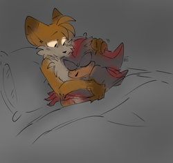 Size: 2045x1930 | Tagged: safe, artist:konicunai, miles "tails" prower, shadow the hedgehog, abstract background, bed, colored ears, duo, eyes closed, gay, looking at them, lying down, older, pillow, shadow x tails, shipping, sitting, sleeping, smile, snuggling, yellow sclera