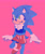 Size: 1733x2080 | Tagged: safe, artist:m00n-art, sonic the hedgehog, hedgehog, arm fluff, chest fluff, crop top, ear fluff, eyelashes, female, leg fluff, looking offscreen, pink background, shorts, signature, simple background, smile, solo, standing on one leg, trans female, transgender