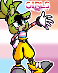 Size: 2048x2560 | Tagged: safe, artist:feeble-minded-little-gay, surge the tenrec, 2022, english text, gradient background, lesbian, lesbian pride, looking offscreen, mouth open, outline, pride, pride flag background, reaching out, solo, standing, trans female, trans pride, transgender