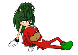 Size: 1715x1203 | Tagged: safe, artist:beniaranas, knuckles the echidna, 2015, duo, hand on another's head, knuxmanic, lidded eyes, looking at them, lying on them, male, males only, manic the hedgehog, simple background, sitting, smile, transparent background