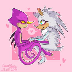 Size: 1600x1600 | Tagged: safe, artist:puffinpermuffin, espio the chameleon, silver the hedgehog, 2019, abstract background, blushing, duo, gay, heart, holding hands, looking at viewer, male, males only, outline, shipping, silvio, sitting, smile