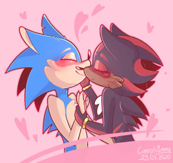 Size: 1600x1506 | Tagged: dead source, safe, artist:puffinpermuffin, shadow the hedgehog, sonic the hedgehog, 2020, abstract background, blushing, cheek fluff, chest fluff, duo, gay, heart, holding them, male, males only, nuzzle, shadow x sonic, shipping, standing, whiskers