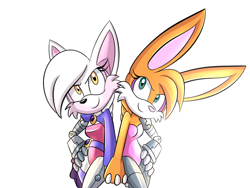 Size: 770x578 | Tagged: safe, artist:melodycler01, artist:melodyclerenes, bunnie rabbot, 2017, bigender, crossover, cyborg, duo, female, five nights at freddy's, holding hands, looking up, mangle (fnaf), mobianified, partially roboticized, pink nose, simple background, smile, standing, white background