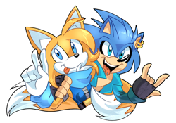 Size: 2388x1675 | Tagged: safe, artist:melodycler01, artist:melodyclerenes, manik acorn, manik the hedgehog, skye prower, 2020, arm around shoulders, bust, duo, earring, fingerless gloves, horn sign, looking at viewer, male, simple background, smile, teenager, tongue out, tongue piercing, v sign, white background