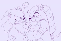 Size: 2048x1395 | Tagged: safe, artist:sonicattos, mighty the armadillo, sonic the hedgehog, blushing, duo, earring, gay, hand on another's face, heart, looking at each other, monochrome, purple background, shipping, simple background, sketch, smile, sonighty, standing