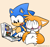 Size: 900x850 | Tagged: safe, artist:tiger-quoll, miles "tails" prower, sonic the hedgehog, blushing, classic sonic, classic sonic (universe), classic tails, covering face, duo, embarrassed, mouth open, orange background, photo album, pointing, simple background, sitting, smile, wrapped in tails