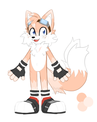 Size: 1640x2048 | Tagged: safe, artist:shunpiee, miles "tails" prower, alternate universe, blushing, fingerless gloves, freckles, goggles, goggles on head, looking at viewer, mouth open, redesign, scar, simple background, smile, solo, standing, white background