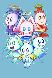 Size: 1200x1800 | Tagged: safe, artist:akaitsukii, angel chao, chao, blue background, chaos chao, genderless, group, hero chao, hero chaos chao, simple background, sparkles