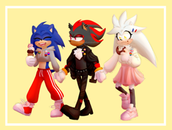 Size: 2048x1547 | Tagged: safe, artist:wednesday-moved, silver the hedgehog, hedgehog, 2020, badge, bisexual, blushing, border, cropped hoodie, crumbs, donut, ear piercing, eating, female, hair pin, holding hands, holding something, ice cream, jacket, lesbian, nonbinary, pansexual, pants, polyamory, shadow x silver, shadow x sonic, shipping, simple background, skirt, smile, sonadilver, sonilver, sweater, trans female, transgender, trio, walking, yellow background