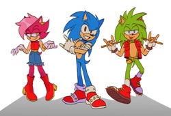 Size: 1050x712 | Tagged: safe, artist:chechewi4ka, sonia the hedgehog, sonic the hedgehog, sonic underground, 2023, alternate eye color, brown eyes, drumsticks, holding something, horn sign, looking at viewer, manic the hedgehog, redesign, siblings, simple background, smile, standing, trio, white background