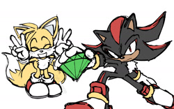 Size: 2000x1250 | Tagged: safe, artist:chronocrump, miles "tails" prower, shadow the hedgehog, 2022, blushing, chaos emerald, double v sign, duo, frown, looking at viewer, posing, redraw, shadow the hedgehog (video game), simple background, smile, standing, white background