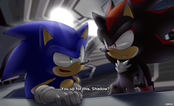 Size: 2483x1524 | Tagged: safe, artist:risziarts, shadow the hedgehog, sonic the hedgehog, abstract background, dialogue, duo, english text, frown, glowing eyes, looking at each other, modern sonic, mouth open, redraw, shadow the hedgehog (video game), smile, standing