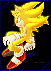 Size: 671x927 | Tagged: safe, artist:myly14, sonic the hedgehog, super sonic, abstract background, clenched teeth, flying, frown, looking offscreen, side view, signature, solo, super form