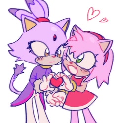 Size: 894x950 | Tagged: safe, artist:pupgfs, amy rose, blaze the cat, amy x blaze, amybetes, blazebetes, blushing, cute, duo, female, females only, heart, heart hands, lesbian, mouth open, one fang, shipping, simple background, smile, white background