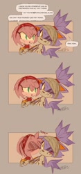 Size: 1197x2558 | Tagged: safe, artist:sushibarton, amy rose, blaze the cat, cat, hedgehog, 2023, amy x blaze, amy's halterneck dress, bandage, comic, cute, female, females only, injured, kiss on cheek, lesbian, shipping