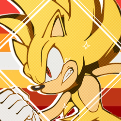 Size: 768x768 | Tagged: safe, artist:homophobic-sonic, sonic the hedgehog, super sonic, hedgehog, clenched teeth, edit, icon, lesbian pride, looking offscreen, male, one fang, pride, pride flag background, solo, sun lesbian pride, super form