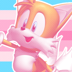 Size: 350x350 | Tagged: dead source, safe, artist:dogboy-pride-time, miles "tails" prower, fox, sonic heroes, 3d, edit, female, icon, looking offscreen, mouth open, outline, pride flag background, smile, solo, trans female, trans pride, transfem pride, transgender