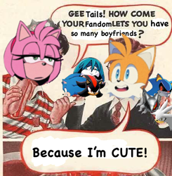 Size: 448x458 | Tagged: safe, editor:hotpocketmamaa, amy rose, infinite the jackal, kit the fennec, metal sonic, miles "tails" prower, shadow the hedgehog, silver the hedgehog, sonic the hedgehog, fox, hedgehog, jackal, abstract background, dialogue, edit, english text, female, fennec, gay, gee bill!, genderless, kitails, male, meme, metails, robot, shadow x tails, shipping, silvails, sonic x tails, tailfinite, tails gets all the boys