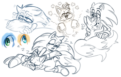 Size: 790x504 | Tagged: dead source, safe, artist:takosa, miles "tails" prower, sonic the hedgehog, fox, hedgehog, blushing, duo, frown, gay, hugging, male, males only, mouth open, pillow, shipping, simple background, sketch, sketch page, sleeping, smile, sonic x tails, tired, waking up, white background, zzz