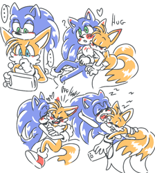 Size: 768x859 | Tagged: dead source, safe, artist:takosa, miles "tails" prower, sonic the hedgehog, fox, hedgehog, ..., blushing, blushing ears, dialogue, duo, gay, heart, holding something, hugging, hugging from behind, miles electric, question mark, shipping, simple background, sitting, sketch, sketch page, sleeping, sonic x tails, white background, zzz