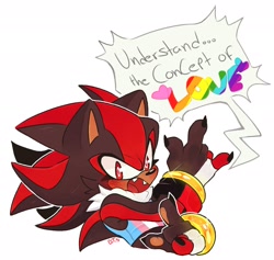 Size: 2048x1943 | Tagged: safe, artist:dirtyteethkoi, artist:dirtyteeths, shadow the hedgehog, hedgehog, binder, blushing, bust, claws, cute, dialogue, english text, eyelashes, fangs, fingerless gloves, horn sign, looking at viewer, male, mouth open, pride, shadowbetes, signature, simple background, smile, solo, speech bubble, trans male, trans pride, transgender, white background