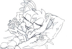 Size: 888x599 | Tagged: safe, artist:smsskullleader, amy rose, blaze the cat, cat, hedgehog, 2011, amy x blaze, amy's halterneck dress, blaze's tailcoat, cute, eyes closed, female, females only, flowers, lesbian, shipping, sketch, sleeping