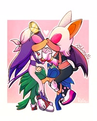 Size: 1638x2048 | Tagged: safe, artist:ghostweeps, artist:trashicalgirl, jet the hawk, rouge the bat, sonic the hedgehog, wave the swallow, bat, bird, hedgehog, swallow, 2020, abstract background, eyes closed, female, gay, group, hawk, heart, holding hands, kiss, lesbian, male, outline, riding, shipping, signature, sitting on them, sonic riders, sonjet, wavouge