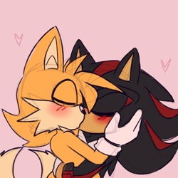 Size: 2048x2048 | Tagged: safe, artist:autsomlas, miles "tails" prower, shadow the hedgehog, fox, hedgehog, 2023, blushing, duo, eyes closed, gay, heart, holding each other, kiss, male, males only, older, pink background, shadow x tails, shipping, simple background