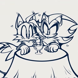 Size: 2048x2048 | Tagged: safe, artist:pinklapony_, miles "tails" prower, shadow the hedgehog, fox, hedgehog, 2023, blushing, blushing ears, chair, date, drink, drinking, duo, gay, grey background, heart, male, males only, shadow x tails, shipping, simple background, sitting, table