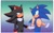 Size: 2047x1250 | Tagged: safe, artist:shady_tr, shadow the hedgehog, sonic the hedgehog, hedgehog, 2023, alternate universe, blushing, duo, gay, lidded eyes, looking at each other, male, males only, mlm pride, pride flag background, shadow x sonic, shipping, smile, standing, style emulation, wink