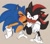 Size: 1109x987 | Tagged: safe, artist:silvykinesis, shadow the hedgehog, sonic the hedgehog, hedgehog, 2021, arm around shoulders, beige background, blushing, bust, duo, eyes closed, frown, gay, kiss on cheek, male, males only, shadow x sonic, shipping, shrunken pupils, simple background, sketch, smile, standing, surprised