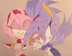 Size: 1280x1003 | Tagged: safe, artist:sushibarton, amy rose, blaze the cat, cat, hedgehog, 2023, amy x blaze, amy's halterneck dress, blaze's tailcoat, blushing, cute, female, females only, lesbian, petals, shipping