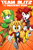 Size: 1200x1800 | Tagged: safe, artist:terrichance, oc, oc:risky the squirrel, oc:streak the bobcat, oc:sunny the unicorn, squirrel, action, bobcat, cover art, eye clipping through hair, fan team, featured image, gradient background, mobianified, mouth open, oc only, open smile, pose, smile, text, treads, trio, unicorn