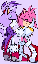 Size: 1952x3264 | Tagged: safe, artist:randomguy9991, amy rose, blaze the cat, cat, hedgehog, amy x blaze, amy's halterneck dress, blaze's tailcoat, cute, eyes closed, female, females only, heels, lesbian, looking at viewer, shipping, shoes, sweatdrop