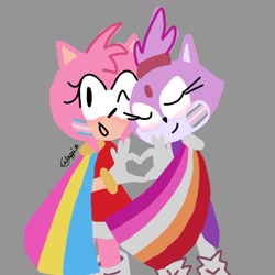 Size: 1280x1280 | Tagged: dead source, safe, artist:nietmakkelijke, amy rose, blaze the cat, cat, hedgehog, 2023, amy x blaze, blushing, cape, cute, demigirl, demigirl pride, duo, facepaint, female, grey background, heart hands, lesbian, lesbian pride, looking at viewer, pansexual, pansexual pride, pride, shipping, signature, simple background, smile, trans female, trans pride, transgender