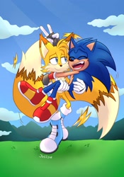 Size: 1435x2048 | Tagged: safe, artist:cjjp8, artist:jeffydust, miles "tails" prower, sonic the hedgehog, fox, hedgehog, 2023, abstract background, adult, aged up, blue shoes, boots, carrying them, clouds, daytime, duo, eyes closed, gay, grass, looking at them, male, males only, older, outdoors, shipping, smile, sonic x tails, spinning tails, v sign