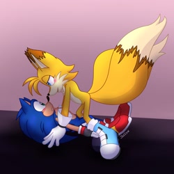 Size: 2048x2048 | Tagged: safe, artist:cjjp8, artist:jeffydust, miles "tails" prower, sonic the hedgehog, fox, hedgehog, 2023, abstract background, adult, aged up, blushing, duo, gay, lidded eyes, looking at each other, lying back, male, males only, older, pinning them, shipping, signature, smile, sonic x tails