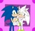 Size: 1677x1468 | Tagged: safe, artist:sonicmiku, silver the hedgehog, sonic the hedgehog, hedgehog, abstract background, blue fur, blushing, duo, gay, gloves, holding hands, looking at viewer, male, purple background, shipping, silver x sonic, smile, smiling at viewer, white fur, yellow eyes