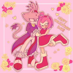 Size: 2000x2000 | Tagged: safe, artist:fevekko, amy rose, blaze the cat, cat, hedgehog, 2023, amy x blaze, amy's halterneck dress, blaze's tailcoat, blushing, cute, eyes closed, female, females only, flowers, hearts, holding hands, lesbian, shipping, valentine's day